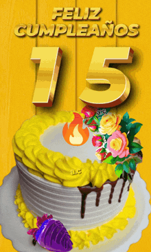 a yellow and white birthday cake with the number 15 on top