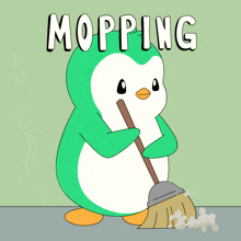 a cartoon penguin is mopping the floor with a broom