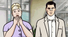 a cartoon of a man and a woman standing next to each other .