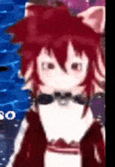 a close up of a red haired anime character wearing a bow tie and headphones .