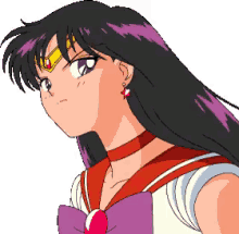a pixel art drawing of a girl with long black hair and a purple bow