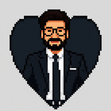 a pixel art of a man in a suit and tie waving his hand