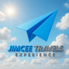 the logo for jimcee travels experience with a blue paper airplane