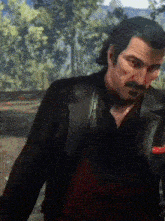 a man with a mustache is wearing a black leather jacket and a black shirt .