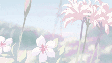 a painting of pink and white flowers with green leaves