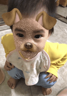 a baby wearing a bib and a dog face mask