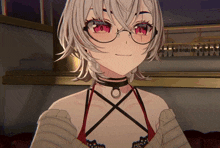 a girl with glasses and a choker on her neck is smiling