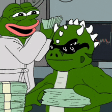 a cartoon of a frog giving money to another frog who is wearing sunglasses