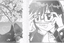 a black and white photo of a cat and a drawing of a girl with the words " tsukidai belongs to yano "