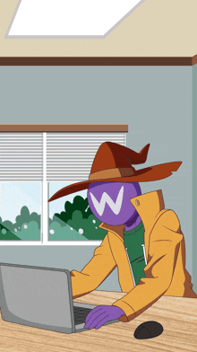 a cartoon character with a purple head and a brown hat with the letter w on it