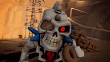 a cartoon skeleton with a red eye and a skull on his chest