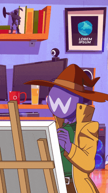 a cartoon drawing of a man looking at a painting with a lorem ipsum poster on the wall behind him