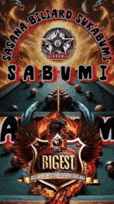 a poster for sabana billiard sukabumi shows a pool table with balls on it