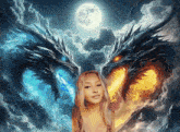 a woman stands in front of a painting of dragons with a full moon in the background