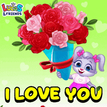 a picture of a rabbit holding a bouquet of roses with the words i love you on the bottom