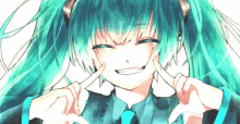 a girl with blue hair making a heart with her hands