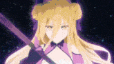 a blonde anime girl with long hair is holding a purple sword in her hand .