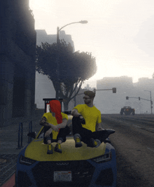 a man and a woman sit on top of a yellow car with a license plate that says 10a10395