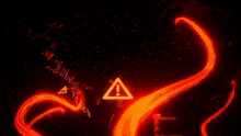 a red triangle with an exclamation point is surrounded by red swirls and a glowing light .