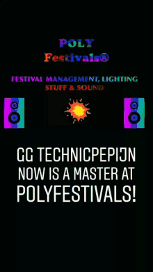 a poster for poly festivals with a cartoon explosion and speakers