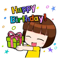 a cartoon girl is holding a gift box with the words happy birthday written on it