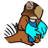 a cartoon drawing of a bird holding a blue glove