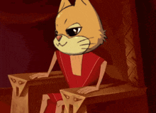 a cartoon character with a cat 's head is sitting on a wooden chair