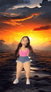 a cartoon girl in shorts and a pink top is standing in front of a sunset