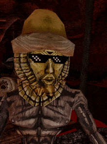 a statue of a man wearing sunglasses and a hat looks like a cartoon character