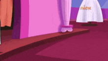 a cartoon of a woman in a pink dress standing in front of a pink wall .