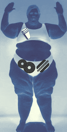 a woman with a donut a hot dog and a cup on her belly