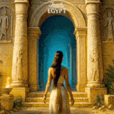 a painting of a woman standing in front of a door that says jewels egypt on it