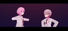 a girl with pink hair is standing next to another girl in a purple background