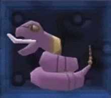 a purple snake is in a blue box with its mouth open .