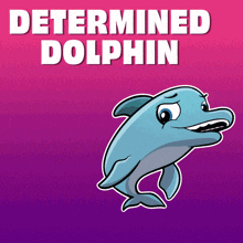 a cartoon dolphin is on a pink and purple background that says determined dolphin