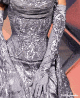 a woman wearing a silver dress and long gloves is standing on a stage .