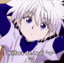 a close up of a person with white hair and blue eyes with the words killua de mai ao written on it .