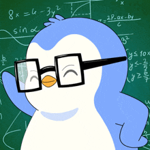 a penguin wearing glasses is standing in front of a chalkboard with math equations on it