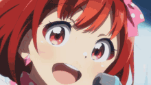 a close up of a red haired anime girl with a pink bow