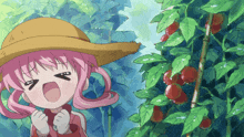 a girl with pink hair wearing a straw hat is standing next to a tomato plant