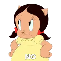 a cartoon pig with the word no written on her chest
