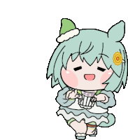 a cartoon of a girl with green hair and a flower on her head is dancing .