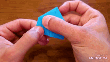 a person is holding a piece of blue paper and the words made in animotica are visible
