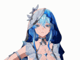 a girl with blue hair is wearing a white dress and a hood
