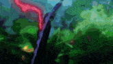 a painting of a purple and red swirl in a dark forest