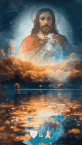 a painting of jesus holding a sheep over a body of water .