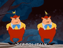 two cartoon characters are standing next to each other with the words off to italy written below them