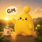 a yellow stuffed animal with a speech bubble that says gm next to a cup of coffee
