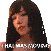 a woman with long black hair has the words that was moving written below her
