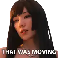 a woman with long black hair has the words that was moving written below her